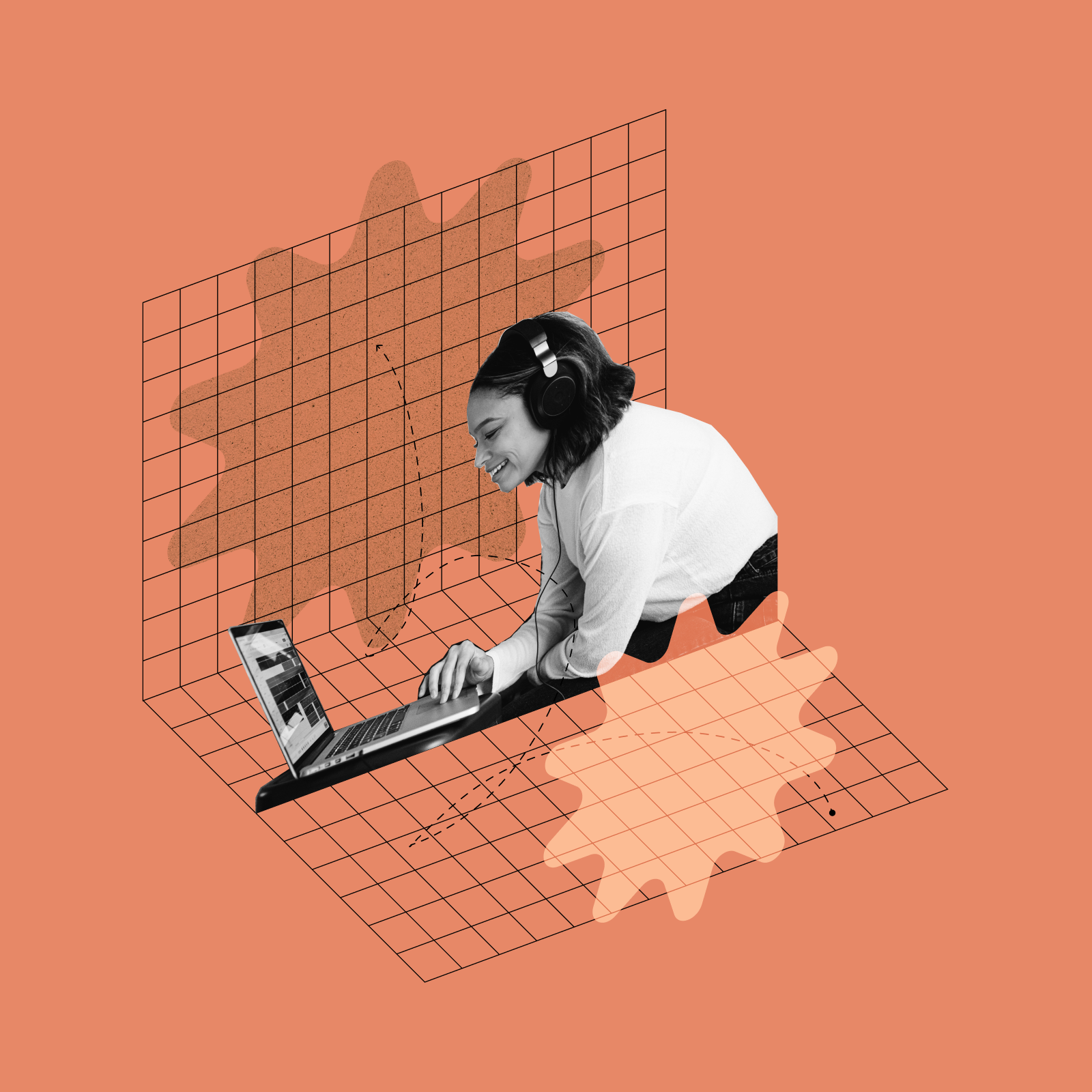 Isometric collage illustration showing a woman in a video call, surrounded by abstact shapes