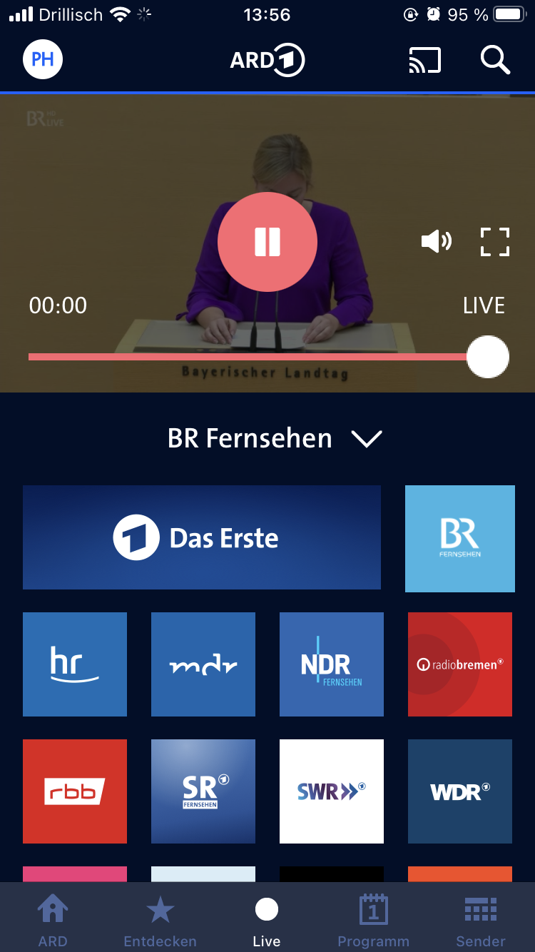 Die Sender-Auswahl auf der Live-Seite in der iOS-App