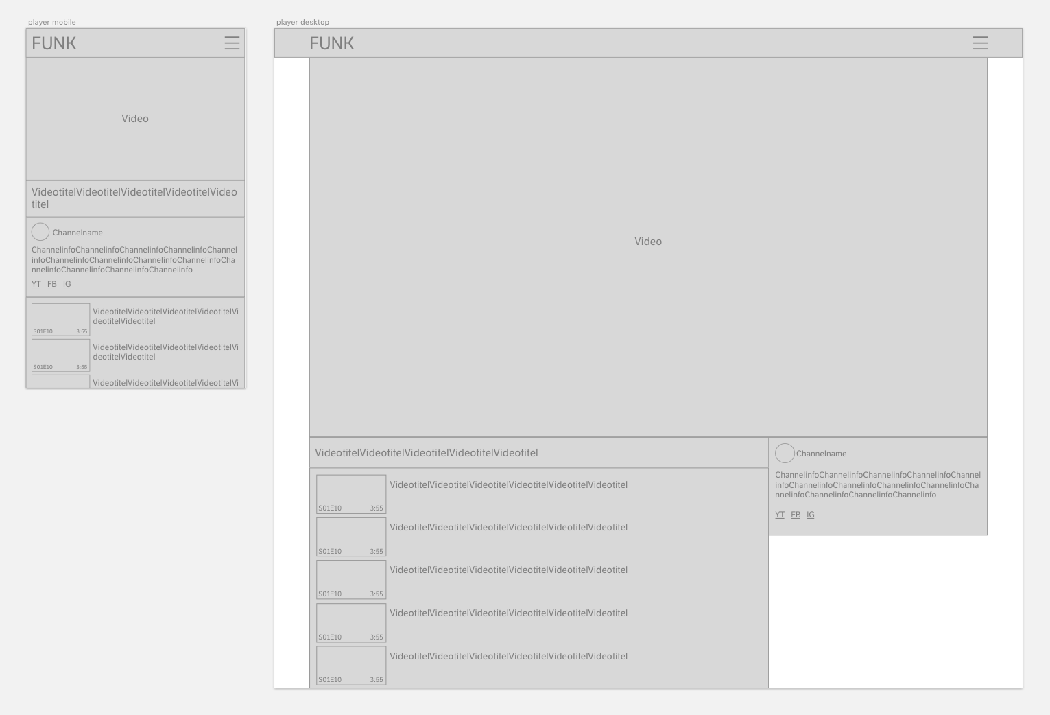 Wireframes for the player, mobile and desktop sizes
