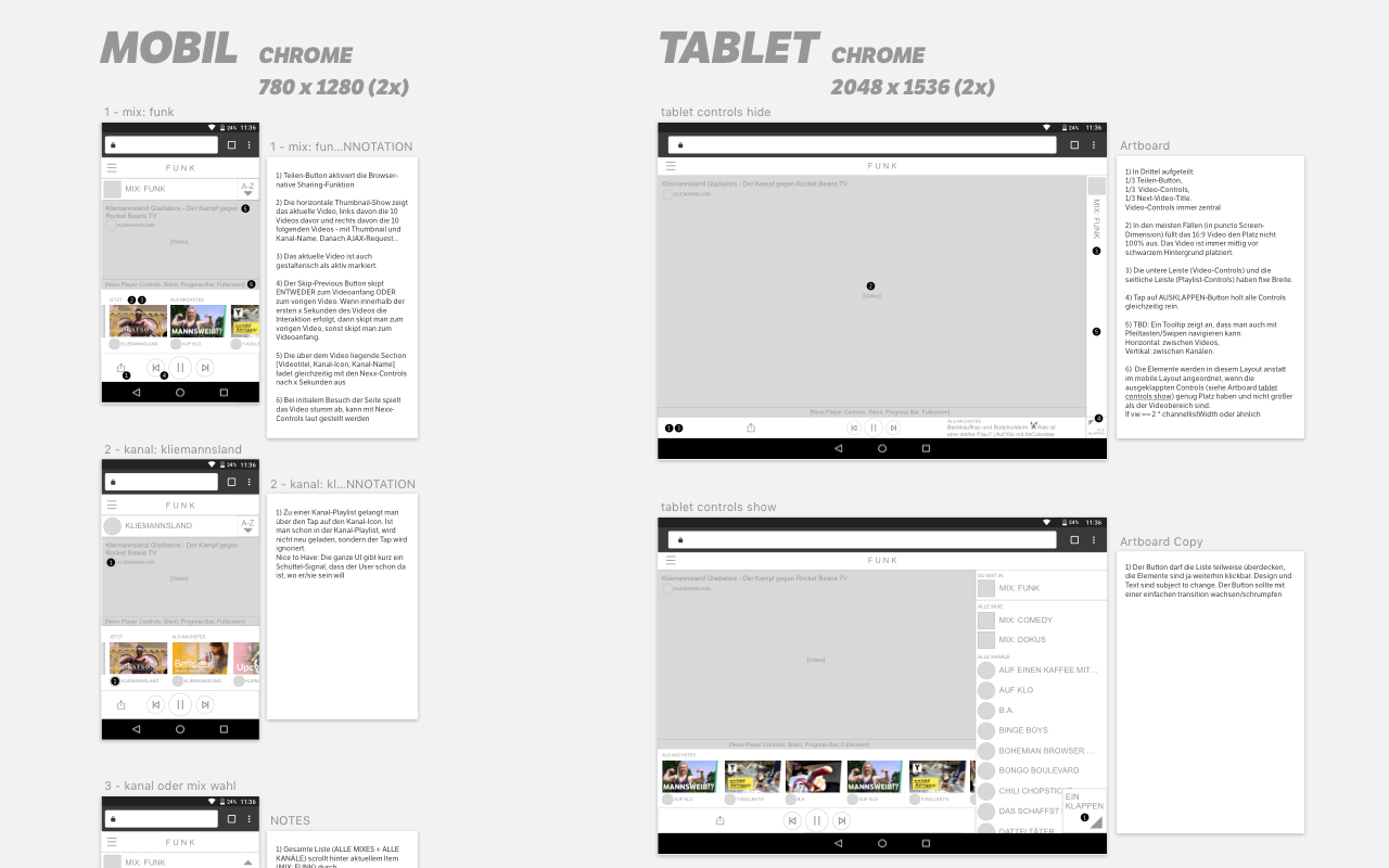 Wireframes for the player view, mobile and desktop sizes