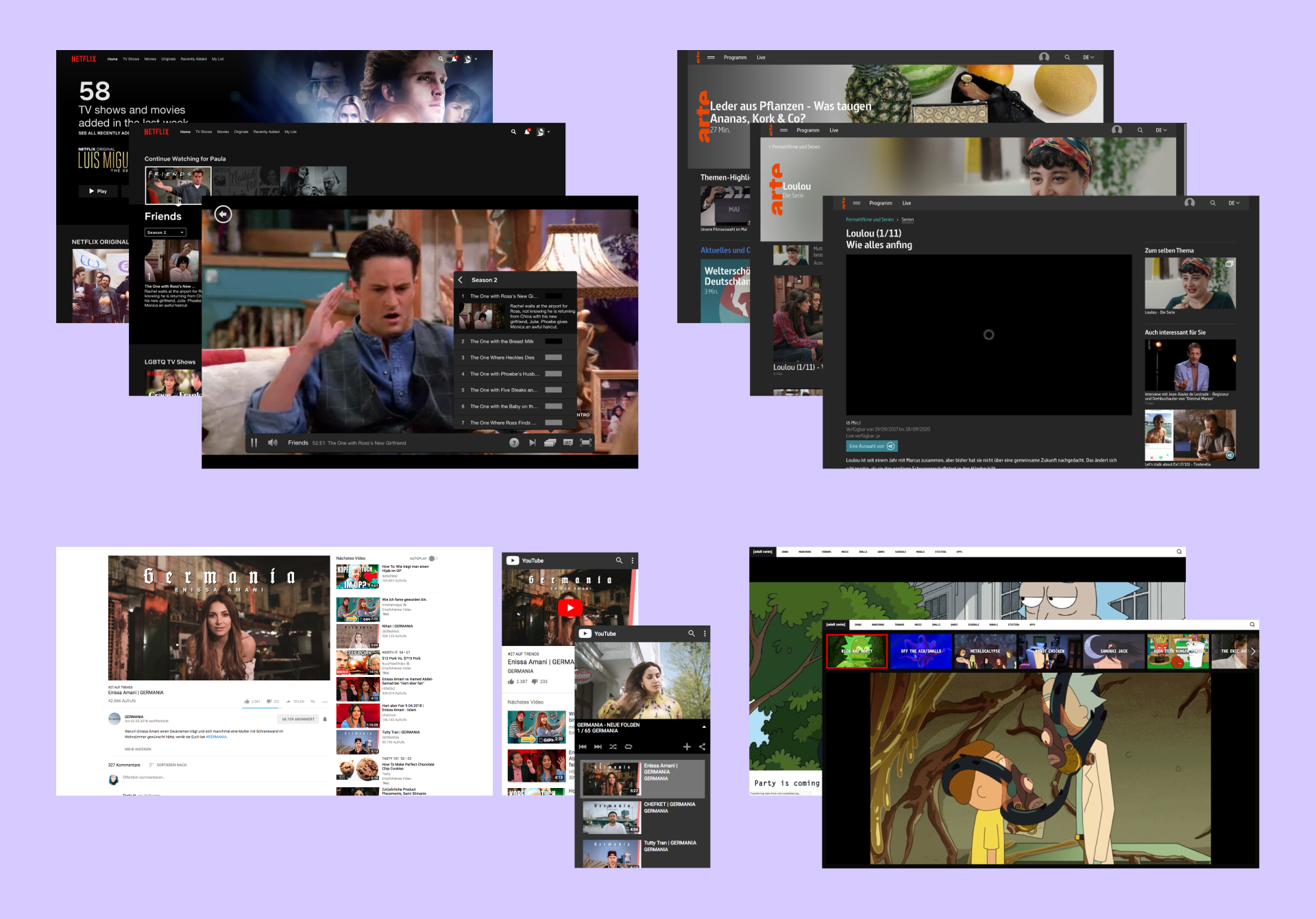 Some of the video streaming platforms with relevant interaction design, consistent look & feel or a similar audiences: Netflix, arte, YouTube, AdultSwim